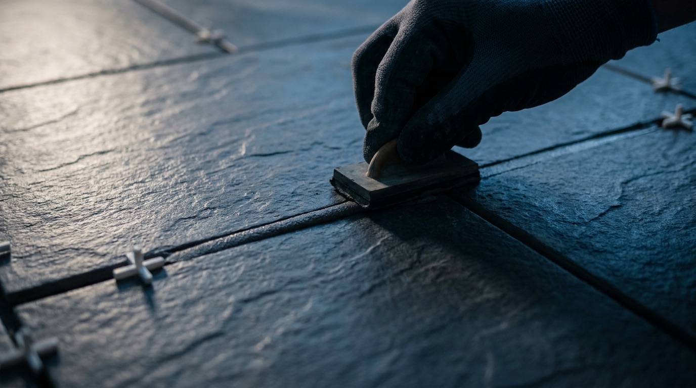 Close-up of large-format tiles being laid with even grout lines and tile spacers
