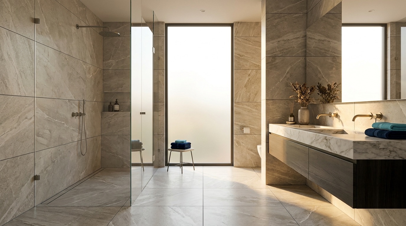 A finished luxury bathroom with large-format stone-look wall and floor tiles and a frameless glass shower