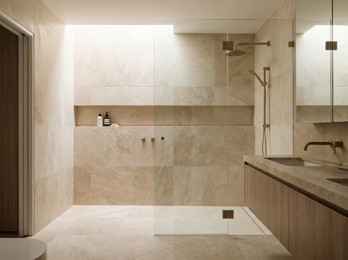 A modern tiled bathroom with a frameless glass shower