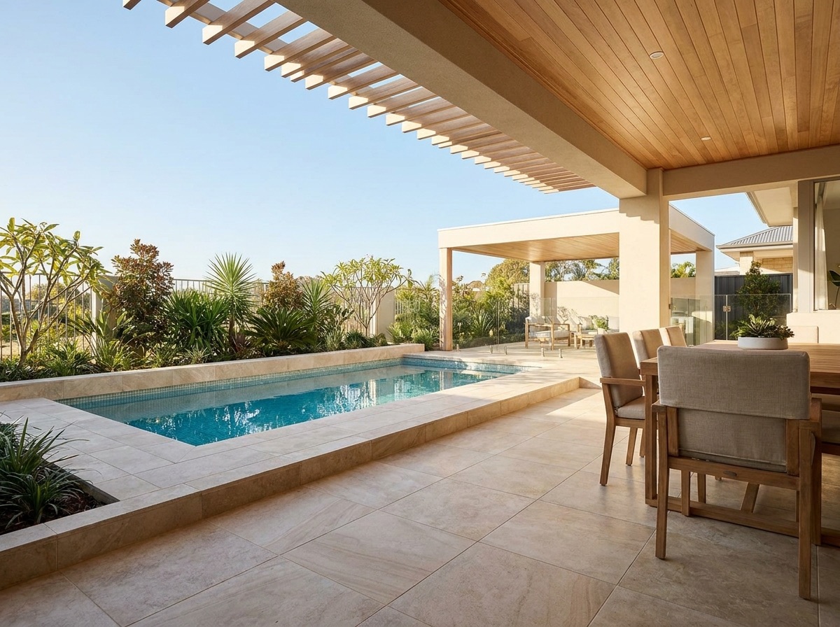 An outdoor alfresco area with large-format floor tiles and a tiled pool surround