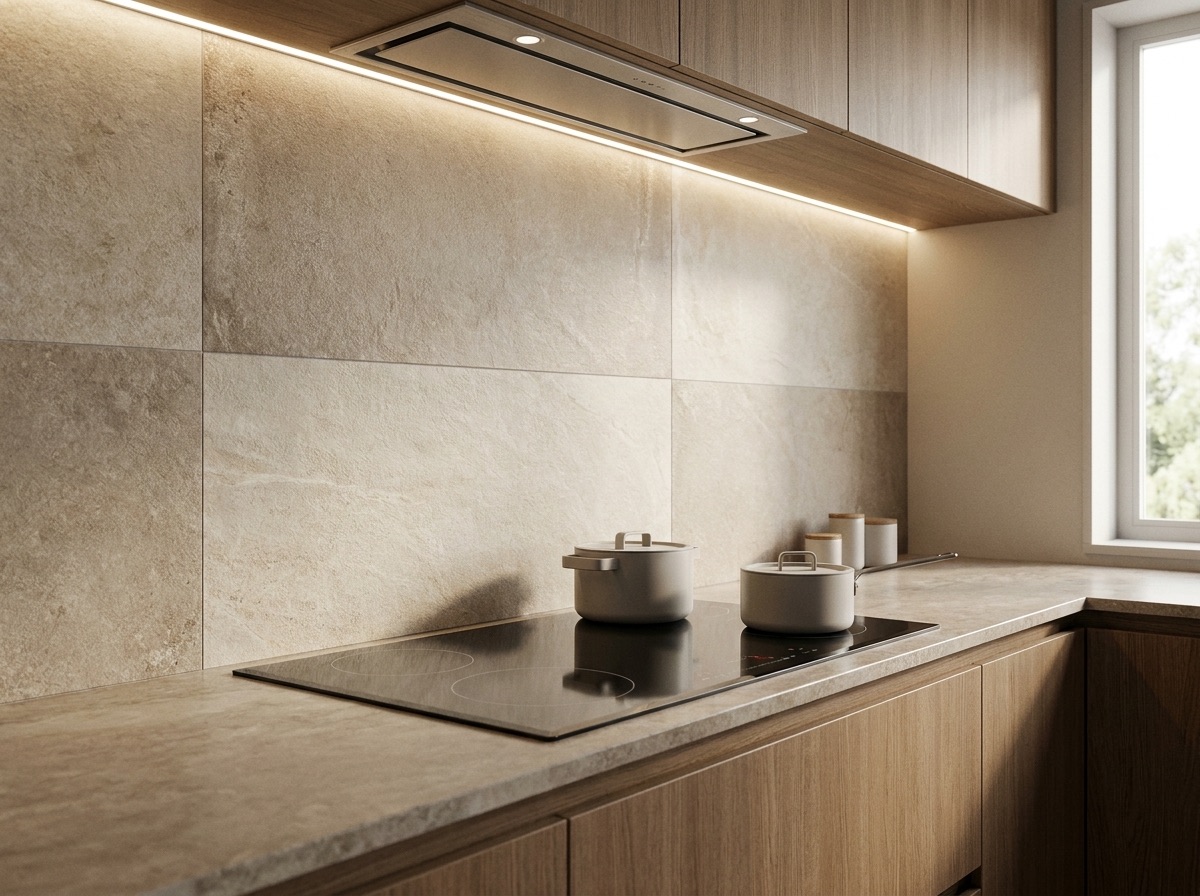 A large-format tiled kitchen splashback behind a cooktop